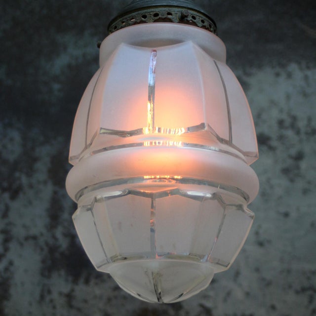 Art Deco French Brass and Frosted Cut Glass Ceiling Lamp For Sale - Image 3 of 10