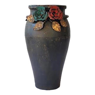 Vintage Rustic Metal Vase With Metal Painted Flowers For Sale