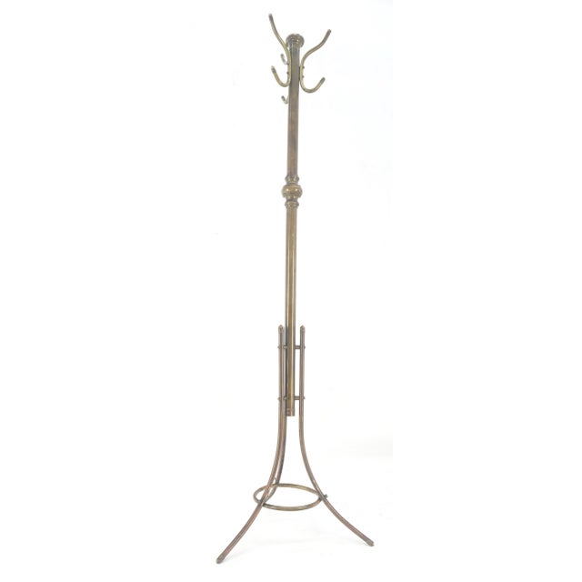 Vintage c1950s Solid Brass Tube Tripod Base Free Standing Coat Rack Nice Patina! For Sale - Image 4 of 13