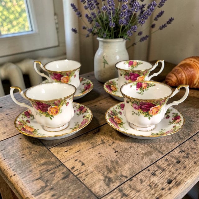 This vintage Royal Albert England set of four Old Country Rose cups and saucers features a delicate tea rose pattern,...