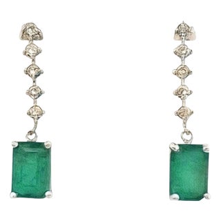 Natural Emerald Diamond Dangle Earrings 14k W Gold 3 TCW Certified For Sale