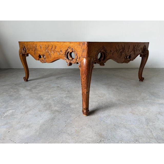 1960s French Provincial Louis XV–Style Hollywood Regency Carved Oak Parquetry Coffee Table For Sale - Image 12 of 14