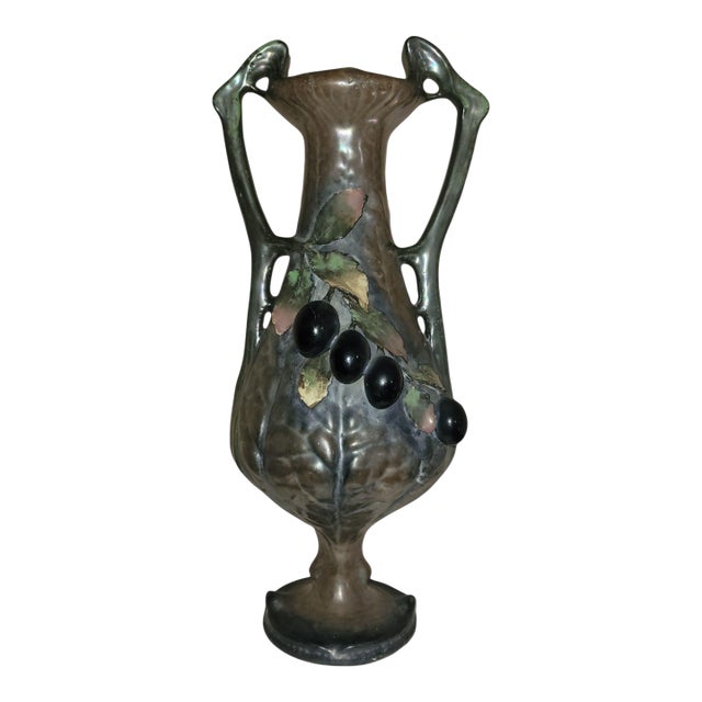 Early 1900s Art Nouveau Amphora Double Handled Ceramic Vase With Raised Grapes and Leaves For Sale