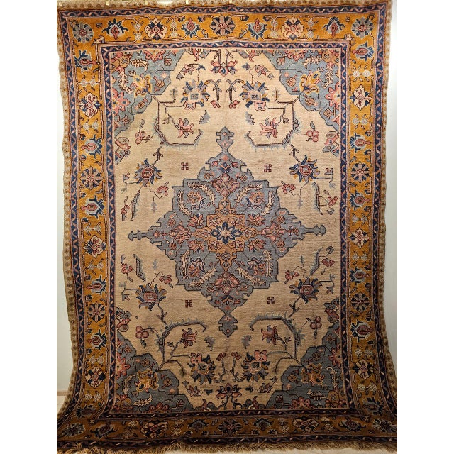Vintage Turkish Oushak Rug, Handwoven Geometric Pattern, Ivory & Blue, 8' x 11' For Sale - Image 11 of 18