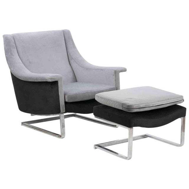 Set of Italian Armchair and Ottoman in Chromed Steel and Velvet, 1970s For Sale - Image 9 of 9