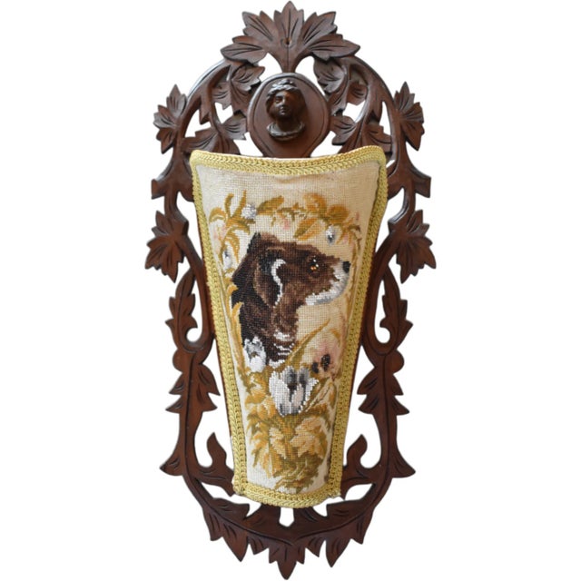 An antique, 19th-century (c. 1860s-1870s) wall pocket, letter holder, or newspaper and mail rack, with a carved wood...