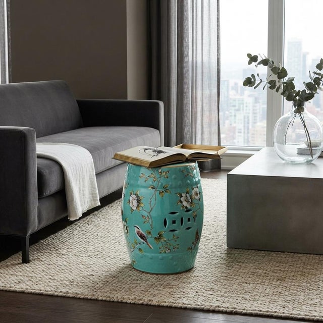 Turquoise Blue Porcelain Flower Birds Round Barrel Stool Table For Sale - Image 4 of 10