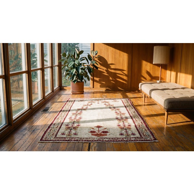 1870s Ivory Geometric Turkish Central Anatolian Ghiordes Prayer Rug 3'3" X 5'8" Hand Knotted Wool Carpet For Sale - Image 9 of 11