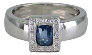 Late 20th Century 18k (750) White Gold Natural Oval Sapphire and Natural Diamond Ring, Size 5.25