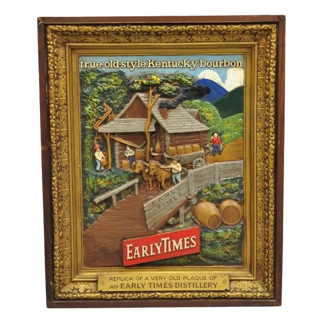 Mid 20th Century Vintage Early Times Kentucky Bourbon Whiskey Plaster Replica Art Painting Plaque, Framed For Sale