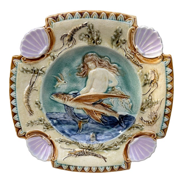19th Century Square Majolica Mermaid Wall Plate For Sale