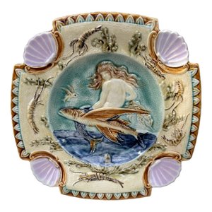 19th Century Square Majolica Mermaid Wall Plate