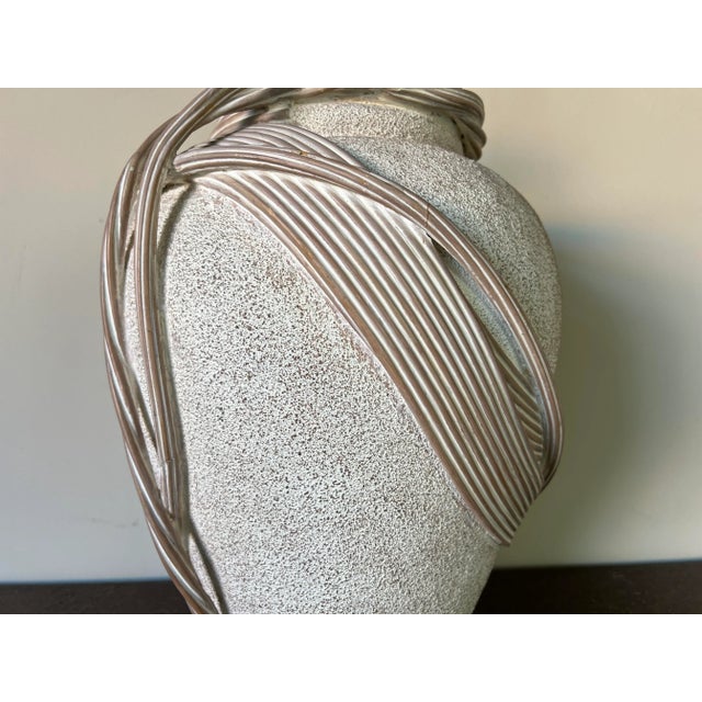 Vintage Organic Pottery and Rattan Sculptural Table Lamp For Sale - Image 9 of 13