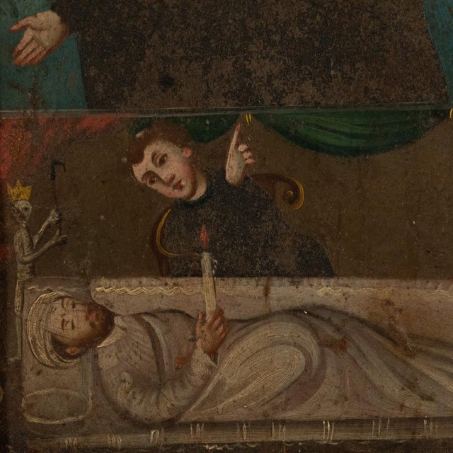 Wood Antique 18thC Spanish Colonial Icon Painting Retablo St. Camillus & Christ 1760 For Sale - Image 7 of 9