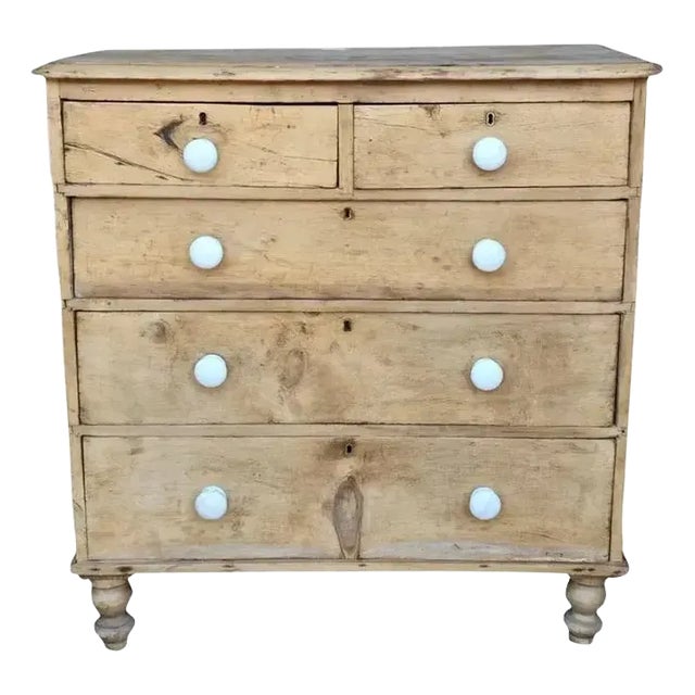 Antique English Solid Stripped Pine 5 Drawer Chest of Drawers or Dresser For Sale