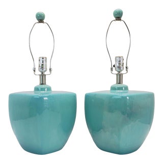 Modern Turquoise Ceramic Table Lamps - a Pair For Sale