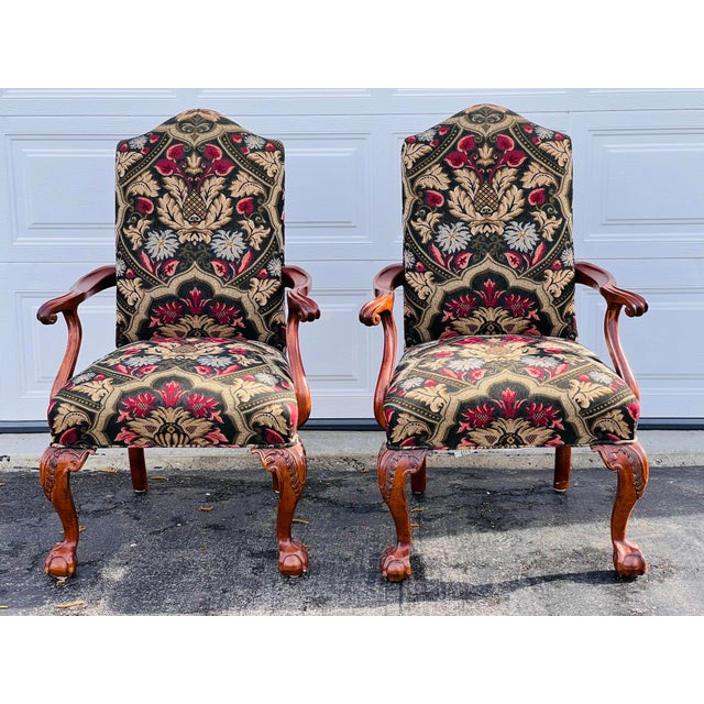 Chippendale Century Furniture Chippendale Style Carved Mahogany Armchairs With Ball & Claw Feet a Pair For Sale - Image 3 of 11