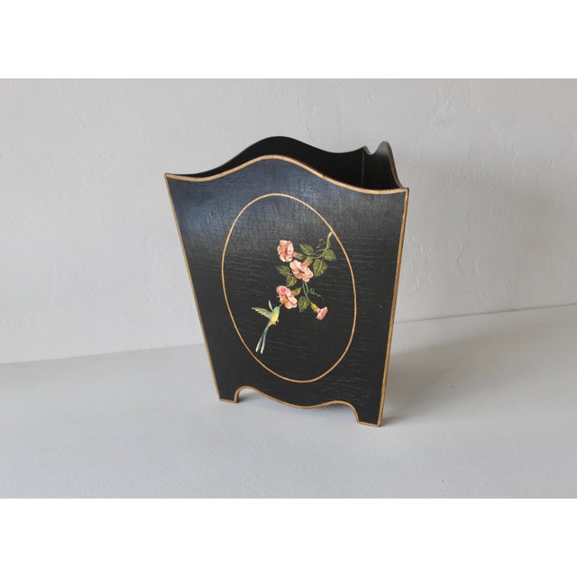 Metal Vintage Chinoiserie Hand Painted Triangular Planter Wastebasket Humming Birds Botanic Motive Mid Century For Sale - Image 7 of 13