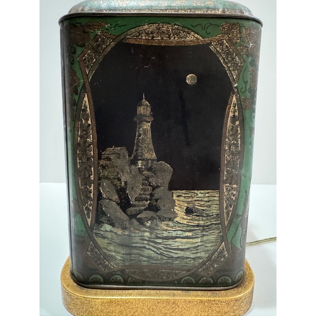 Vintage Tole Tea Tin Table Lamp Nautical Sailing Ships Tole Double Socket For Sale - Image 9 of 13