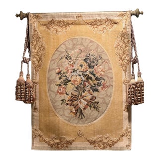 Traditional Floral Woven Tapestry Wall Hanging With Passementerie Tassels For Sale