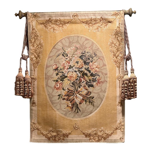 Traditional Floral Woven Tapestry Wall Hanging With Passementerie Tassels For Sale