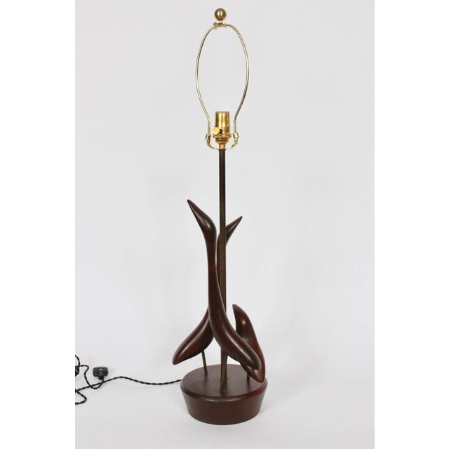 Tall Val Robbins Hand Carved "Trio of Shore Birds" Walnut Table Lamp, C. 1960 For Sale - Image 12 of 13