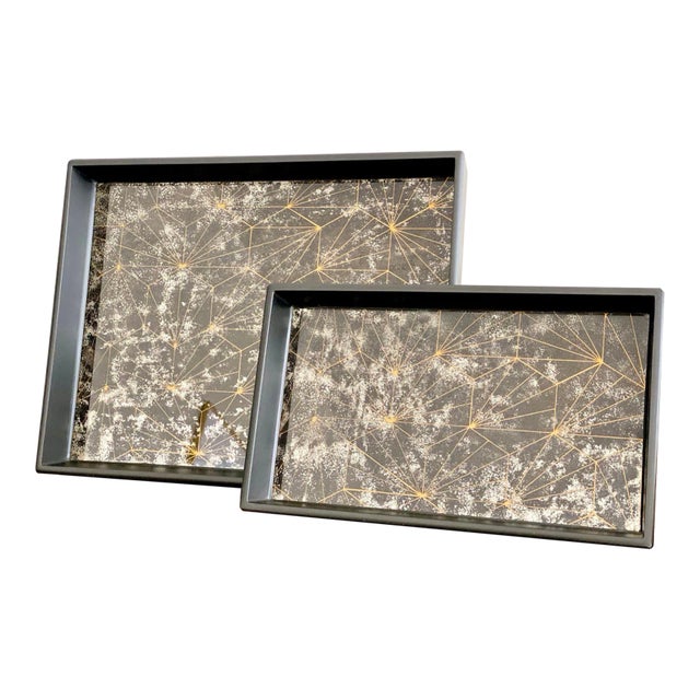 Pigeon & Poodle Solara Optic Painted Mirror Black Nesting Trays - A Pair For Sale