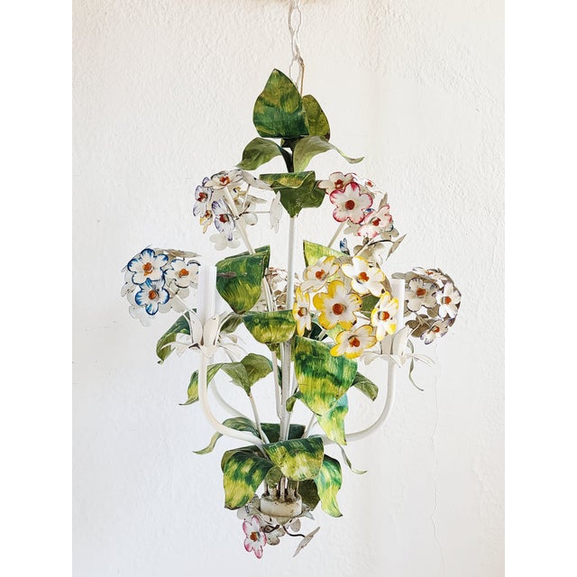 Metal Vintage Italian Handpainted Foral Motif Tole Chandelier For Sale - Image 7 of 18