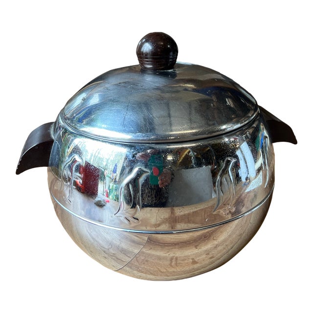 1970s Silver Round Ice Bucket/Champagne Bucket With Wood Handles and Penguin Details For Sale