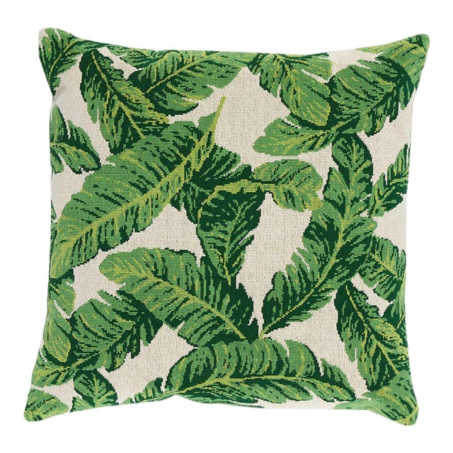 Schumacher Tropical Leaf 22" Pillow in Green & Ivory For Sale