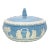 Vintage Ceramic Baby Blue Decorative Covered Dish With Lid and White Figures For Sale