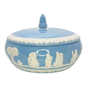 Vintage Ceramic Baby Blue Decorative Covered Dish With Lid and White Figures