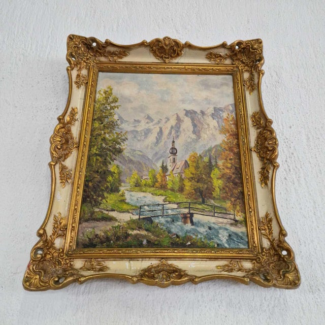 Modern Landscape with Mountain, Nature and Church, 20th Century, Oil on Canvas, Framed For Sale - Image 3 of 9