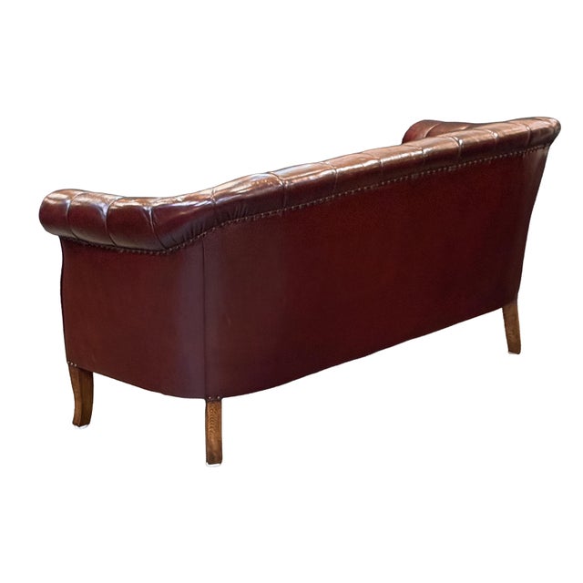 Swedish Chesterfield Sofa or Settee of Tufted Patinated Oxblood Leather For Sale In Austin - Image 6 of 15