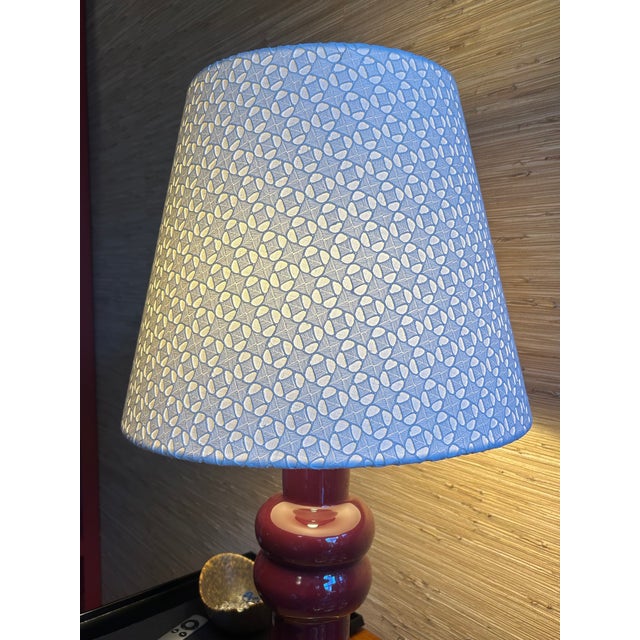 One lampshade with a white linen lining and a woven overlay. Created by Shades of the Midnight Sun.