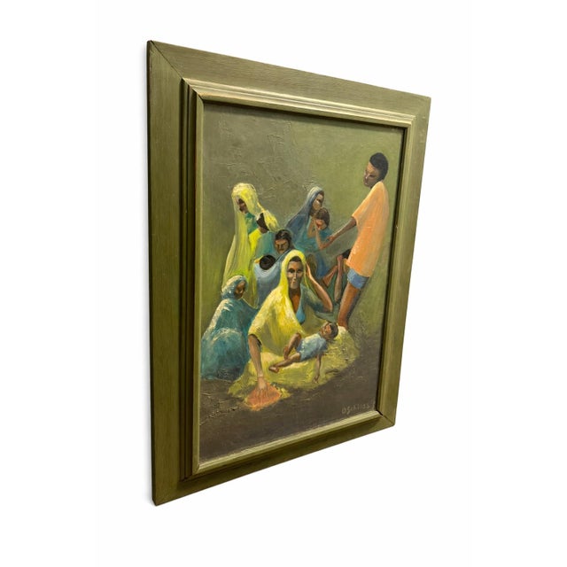Figurative Vintage Modernist African Family Portrait Oil Painting – Signed G. Schloss – Framed 30x22 For Sale - Image 3 of 6