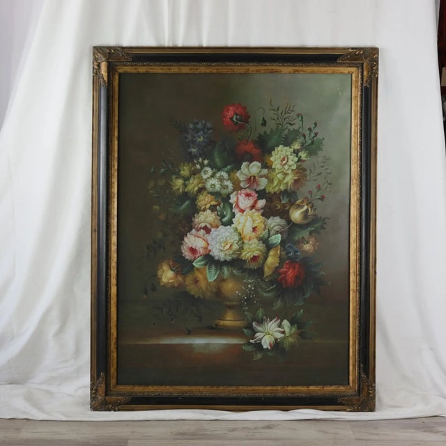 Large Framed Vintage Romantic Floral Still Life Oil Painting For Sale - Image 12 of 12