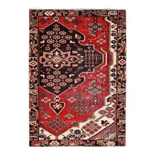 1960 Red Vintage Persian Bakhtiari Cleaned Evenly Worn Wool Hand Knotted Rustic Rug For Sale