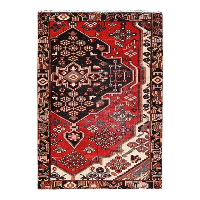 1960 Red Vintage Persian Bakhtiari Cleaned Evenly Worn Wool Hand Knotted Rustic Rug For Sale