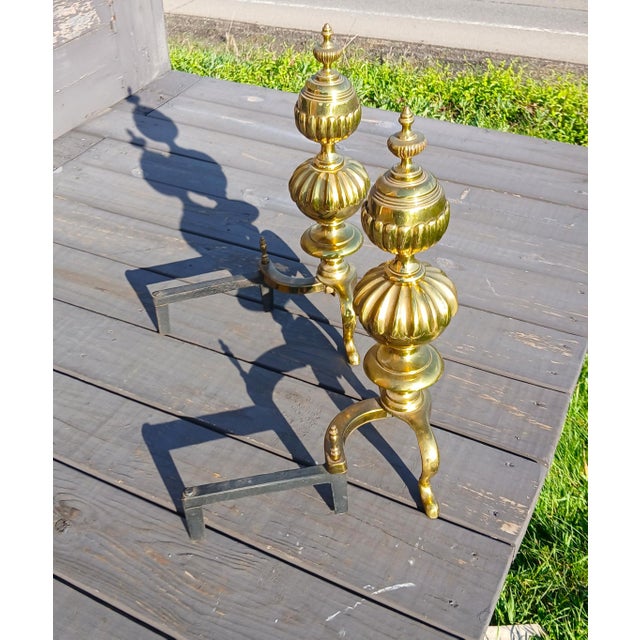 Victorian Vintage Ornate Cast Brass Fireplace Andirons 1950s For Sale - Image 3 of 18