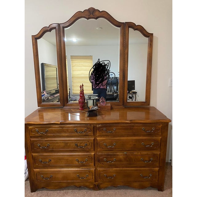 1980s Ethan Allen French Country 8 Drawer Dresser and TriFold Mirror ...