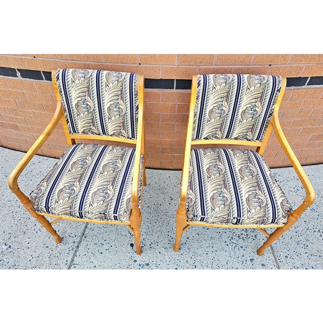 Maple Faux Bamboo Tapestry Upholstered Arm Chairs, a Pair For Sale - Image 4 of 6
