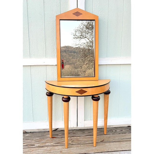 Art Deco 1990s Bombay Company Art Deco Style Maple & Mahogany Demilune Console Table With Mirror, Two Piece For Sale - Image 3 of 12