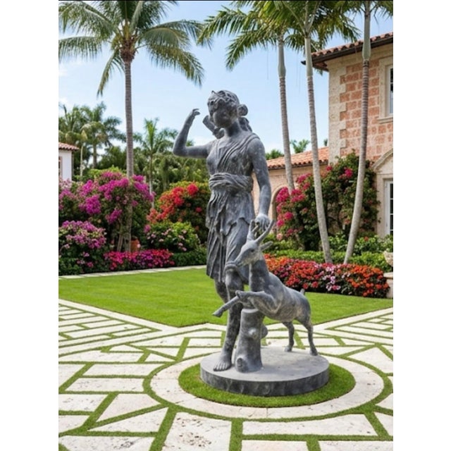 Metal Classical Cast Iron Statue of Diana the Huntress With Stag For Sale - Image 7 of 12