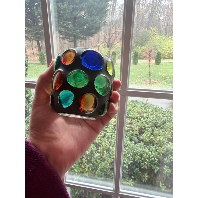 Vintage Cast Iron Reindeer Candle Holder With a Multi-Colored Glass Pillar For Sale - Image 11 of 14