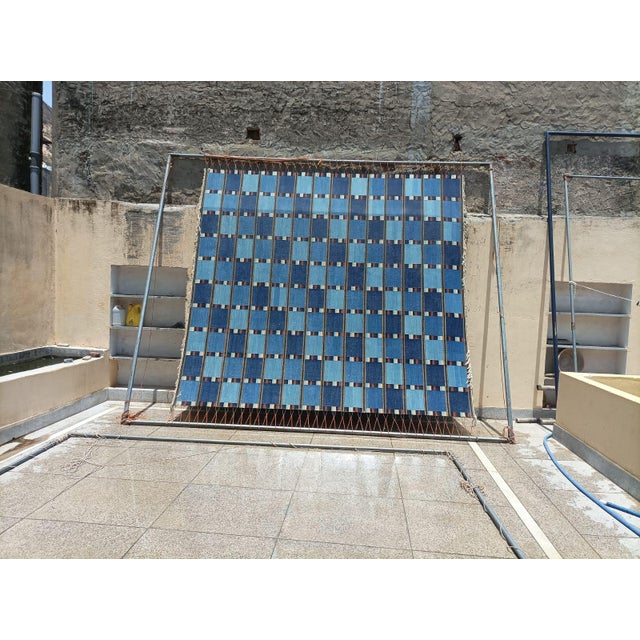 Handmade Cotton Vegetable Dyed Rug, Blue Cream, Pink and Brown Checked Dhurrie - 10'x14' For Sale - Image 12 of 12