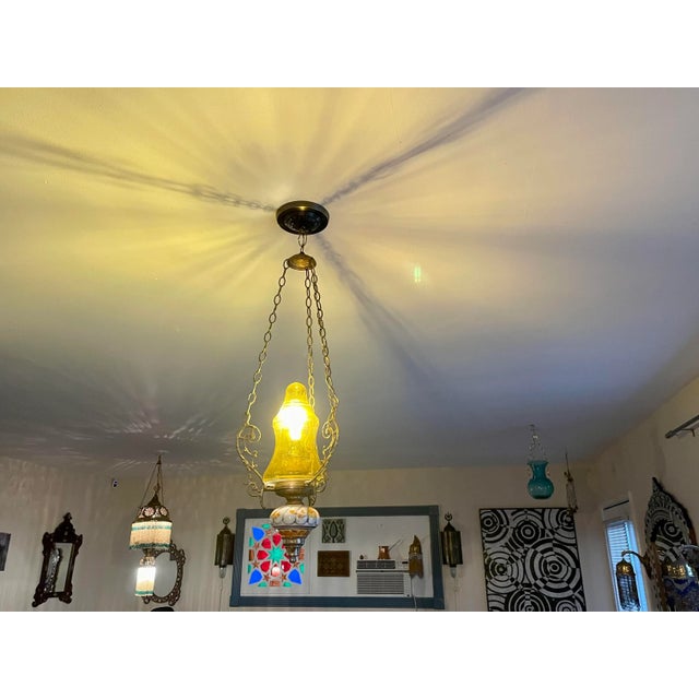 Metal Vintage Brass Cast Pendant With Handblown Glass For Sale - Image 7 of 11