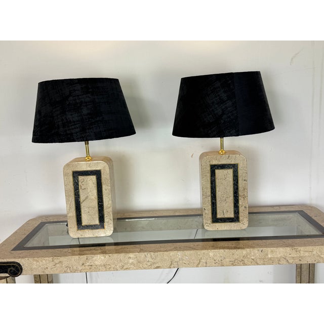 1980s Vintage Italian Style Table Lamps in Travertine Marquetry with Brass Details from Maitland Smith, 1980s, Set of 2 For Sale - Image 5 of 11
