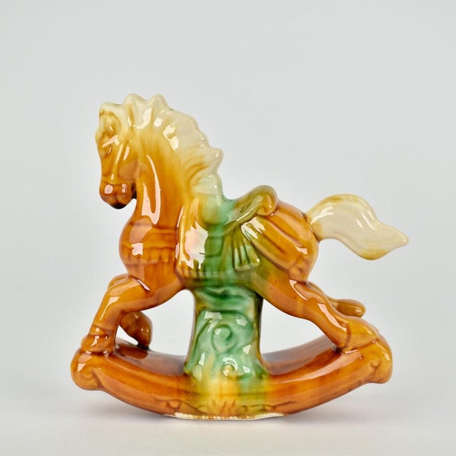 Late 20th Century Vintage Tang Dynasty Style Rocking Horse Figurine | 1970s Drip Glaze Ceramic | Mid Century Nursery Decor Gift | Shelf Accent Cognac Brown For Sale - Image 5 of 8