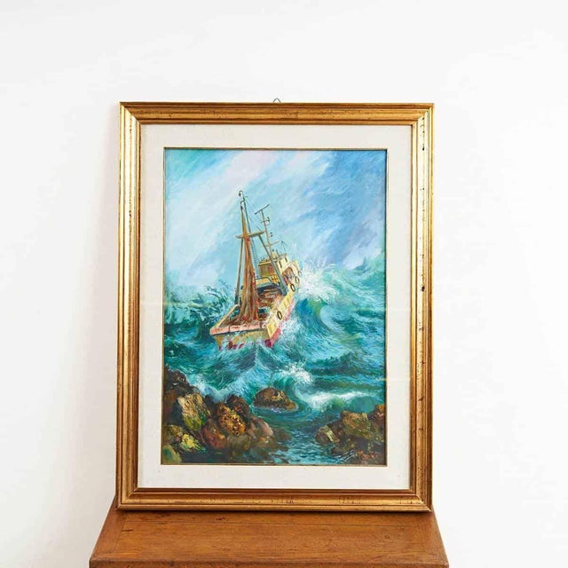 Unknown, Fishing in Rough Seas, 2000s, Oil on Canvas, Framed For Sale - Image 8 of 8